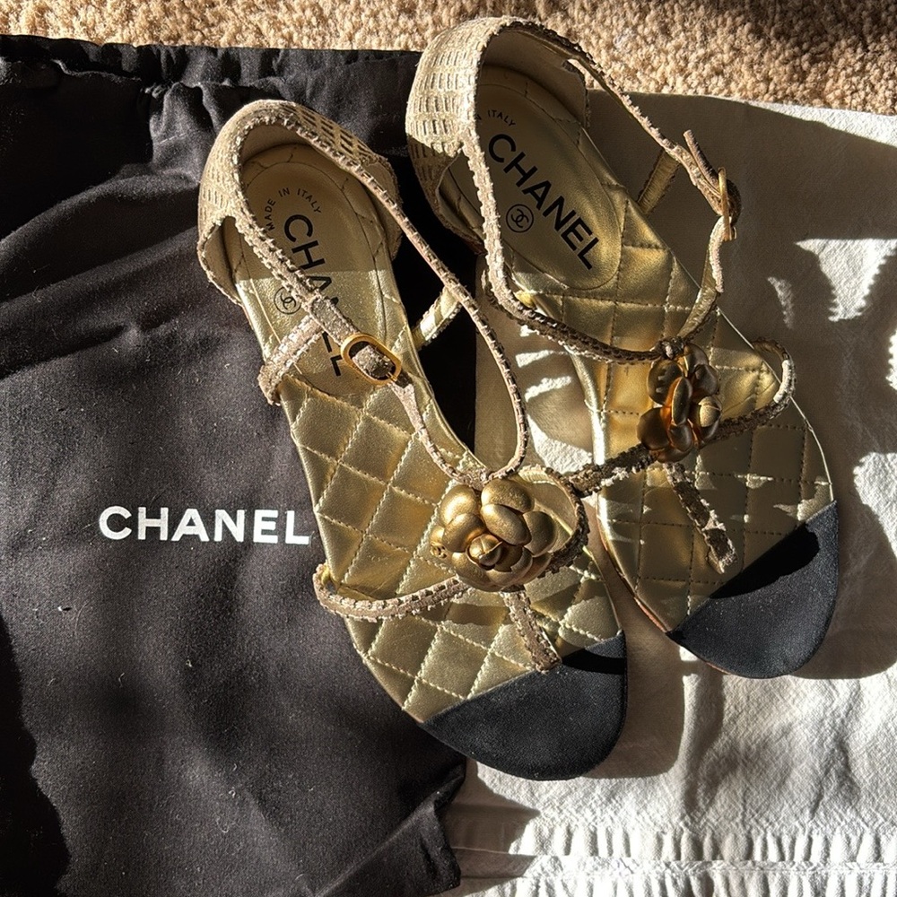 Chanel Gold Rose Sandals